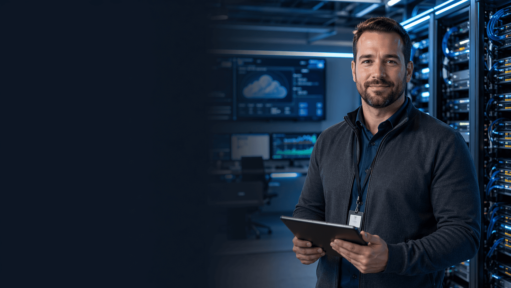 IT technician looking at the camera in a cybersecurity operations room